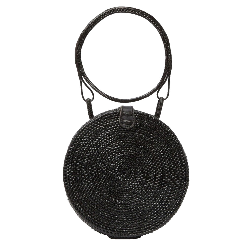 PINK HALEY Rattan Leather Purse Round Circle Handle Bag Black Preppy wrist 7”